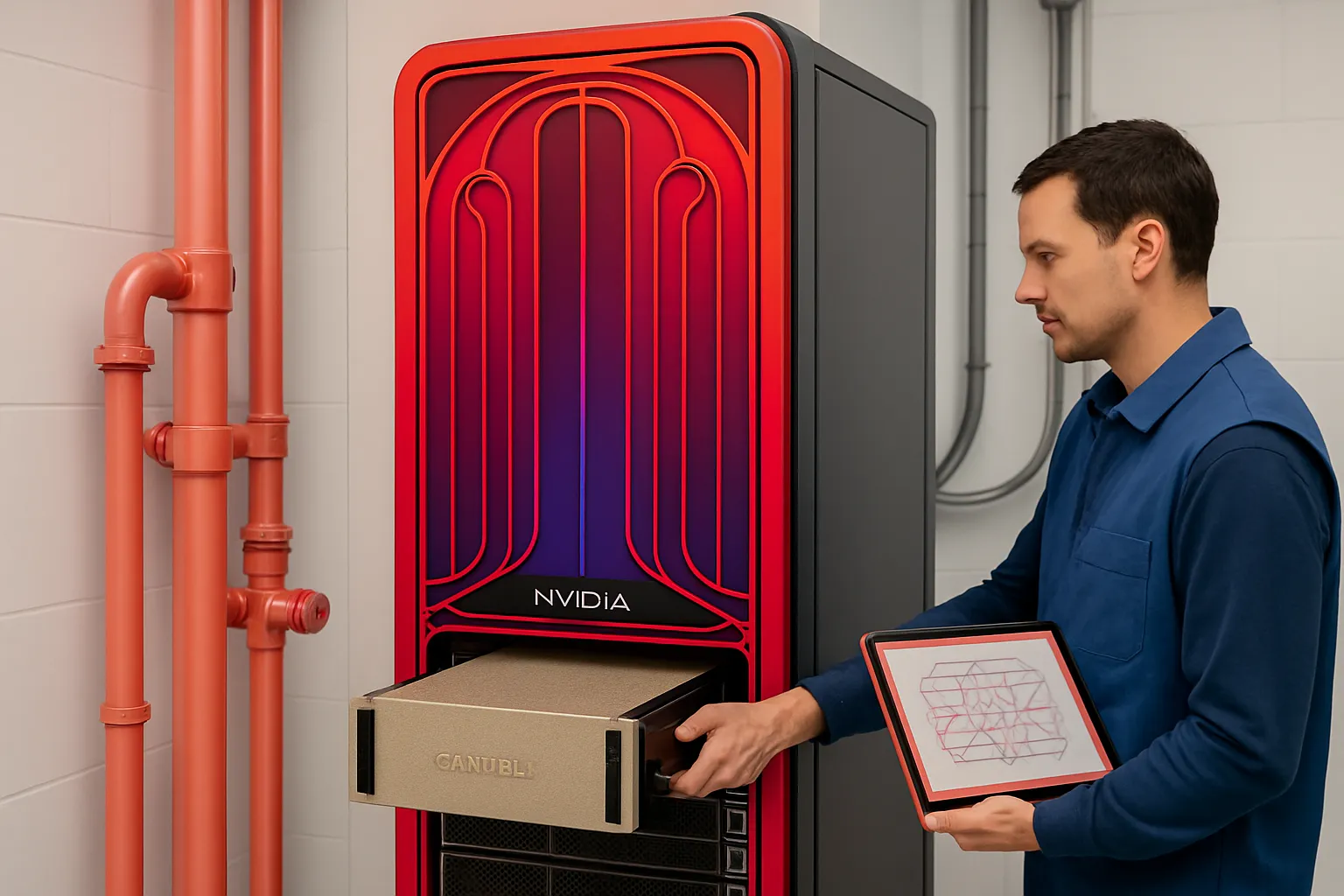 NVL72 rack being installed in a data center, technicians connecting liquid cooling lines and monitoring LEDs
