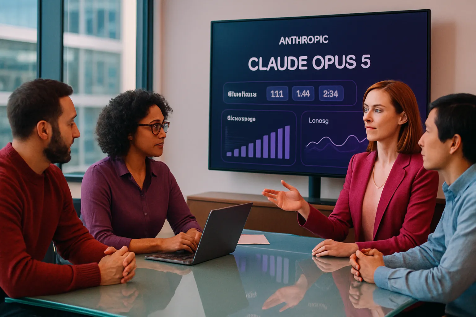 Engineering team in a conference room reviewing an Opus 5 migration dashboard showing token usage and effort-level controls on a large monitor