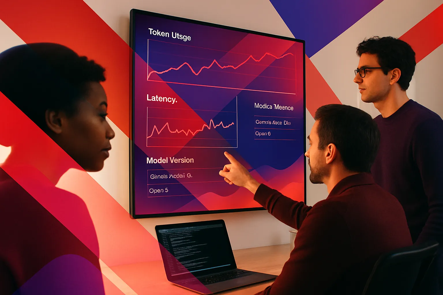 Cloud operations engineers monitoring model rollout metrics and token usage on multiple monitors with Claude model dashboards visible