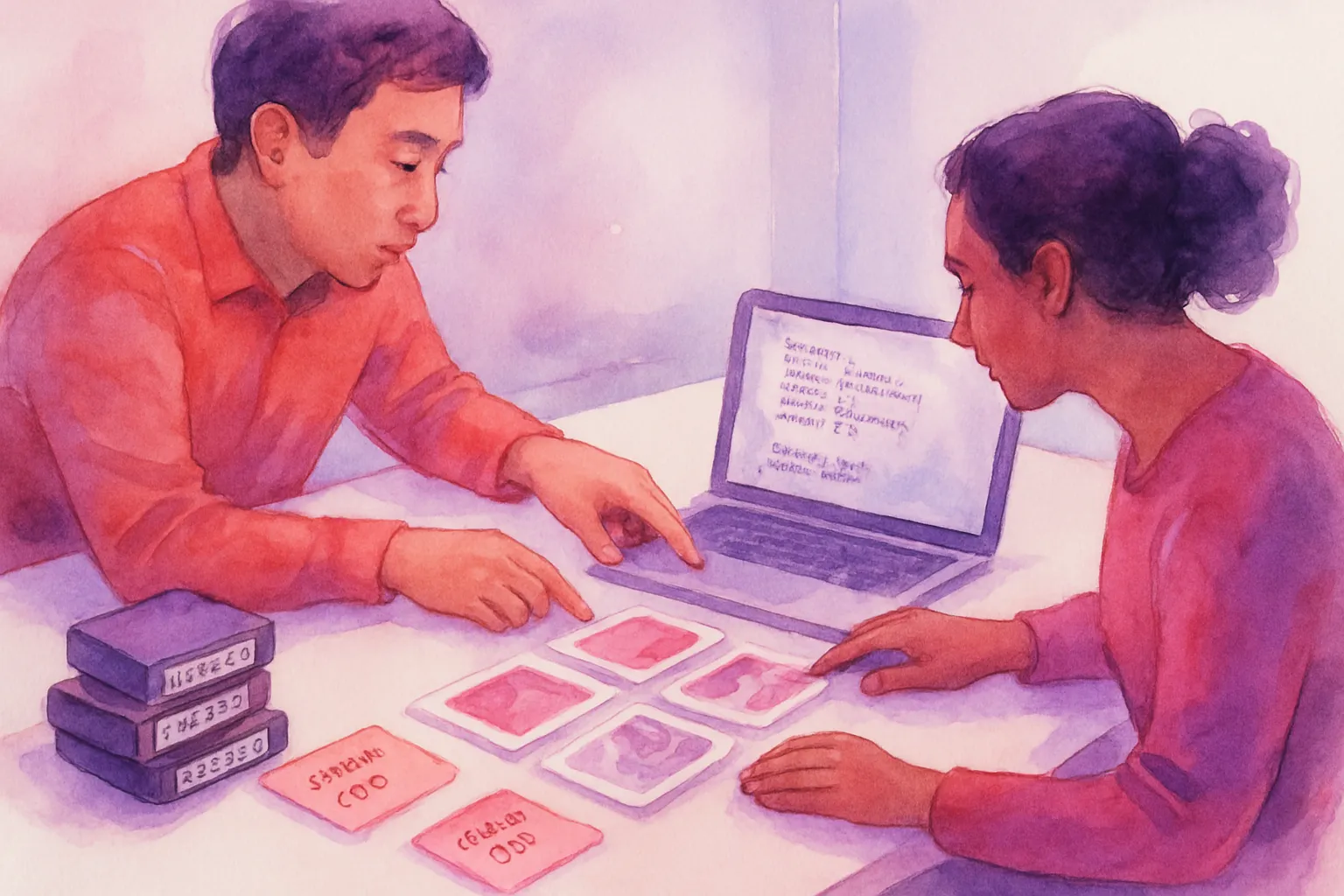 Engineer team at a desk reviewing printed dataset cards and external hard drives with labeled folders for sources and licenses
