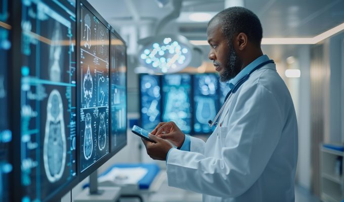 A doctor using the latest healthcare technology to diagnose a patient