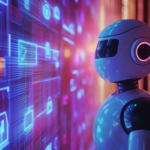 A futuristic robot observes a vibrant digital interface in a neon-lit city. AI and technology concepts.