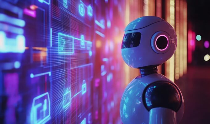 A futuristic robot observes a vibrant digital interface in a neon-lit city. AI and technology concepts.