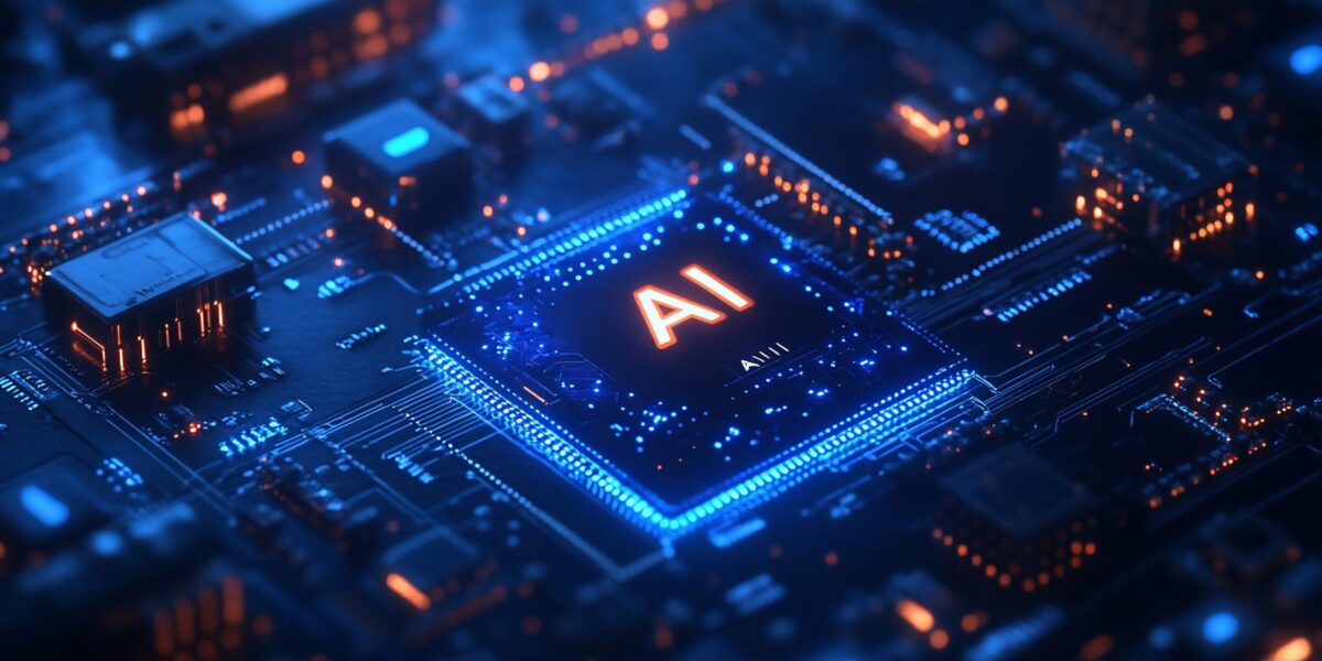 AI processor glowing on circuit board.