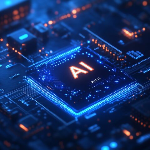 AI processor glowing on circuit board.