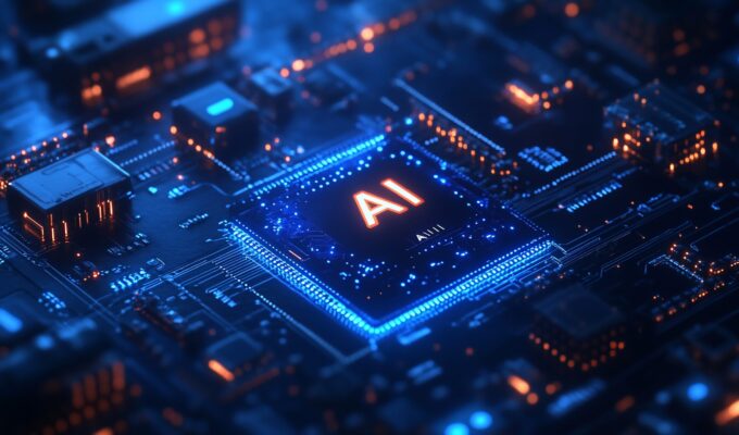 AI processor glowing on circuit board.